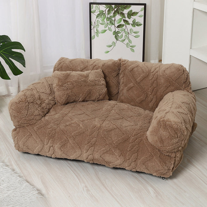 Khaki dog sofa bed with backrest, bolster arms and pillow