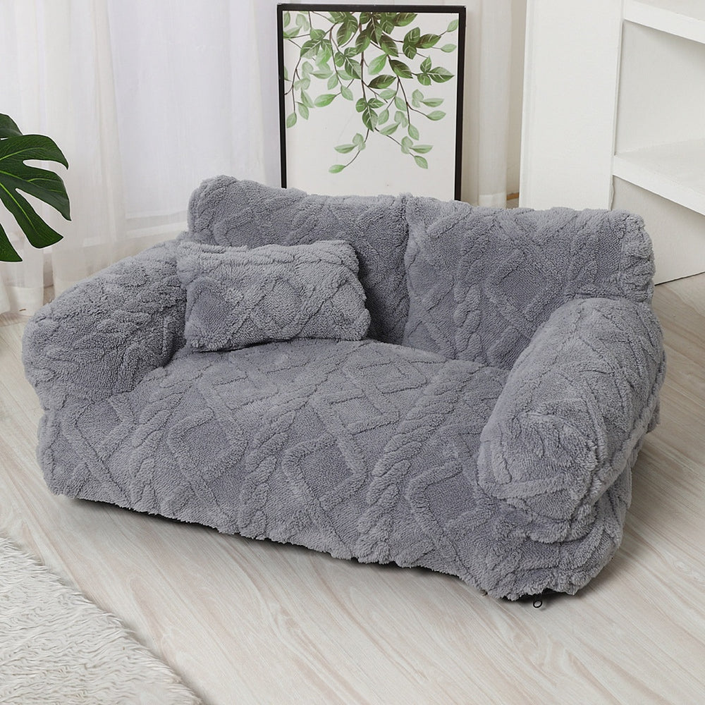 Light grey dog sofa bed with backrest, bolster arms and pillow
