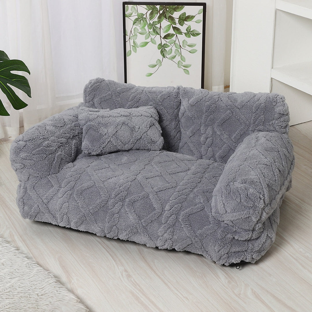 Light grey dog sofa bed with backrest, bolster arms and pillow