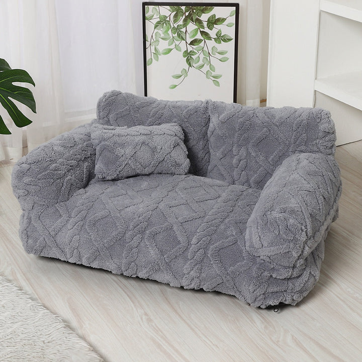 Light grey dog sofa bed with backrest, bolster arms and pillow