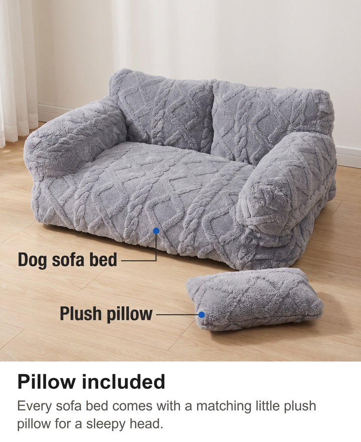 Light grey dog sofa bed with its matching plush pillow