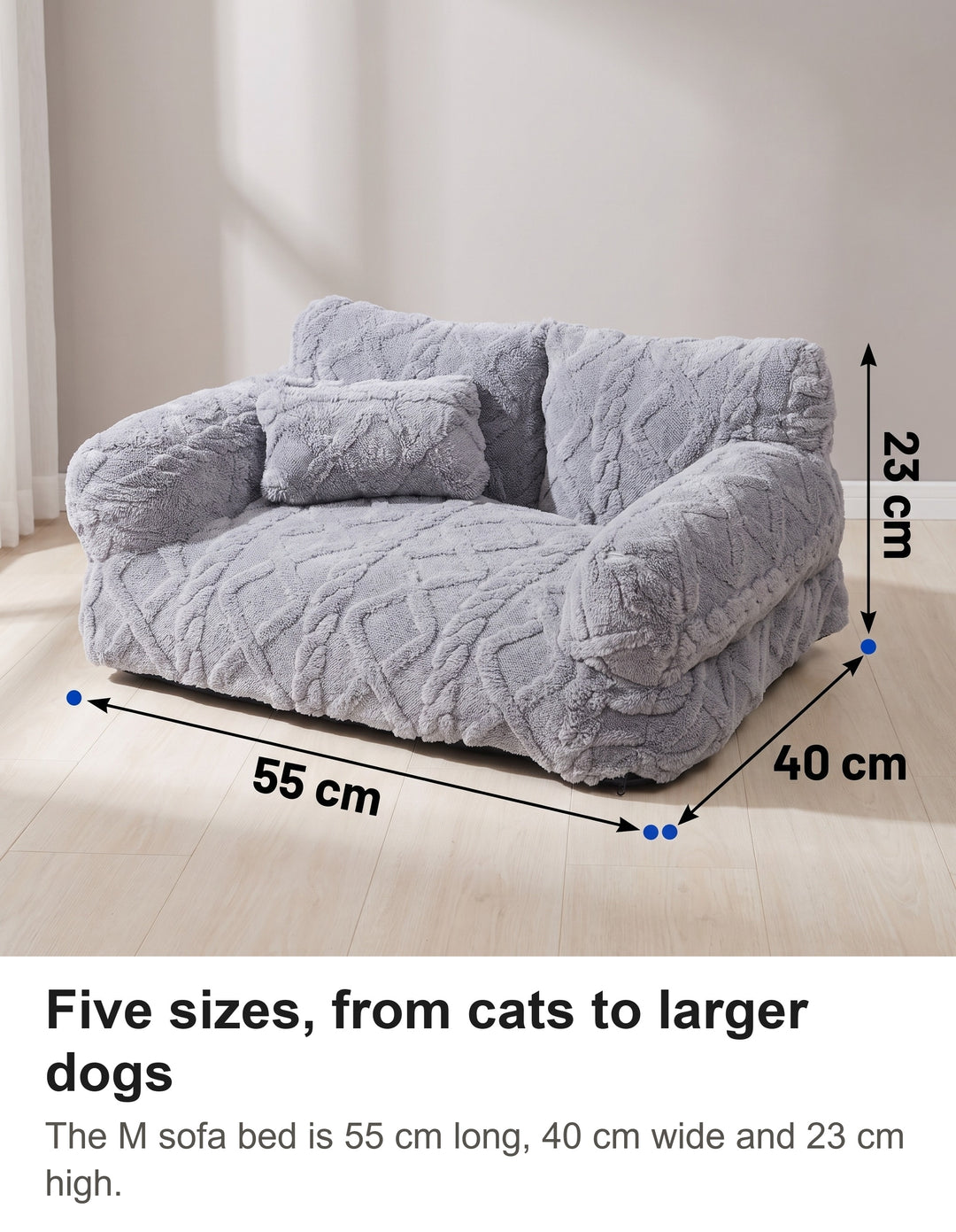 Light grey dog sofa bed in size M with its size marked: 55 cm long, 40 cm wide, 23 cm high