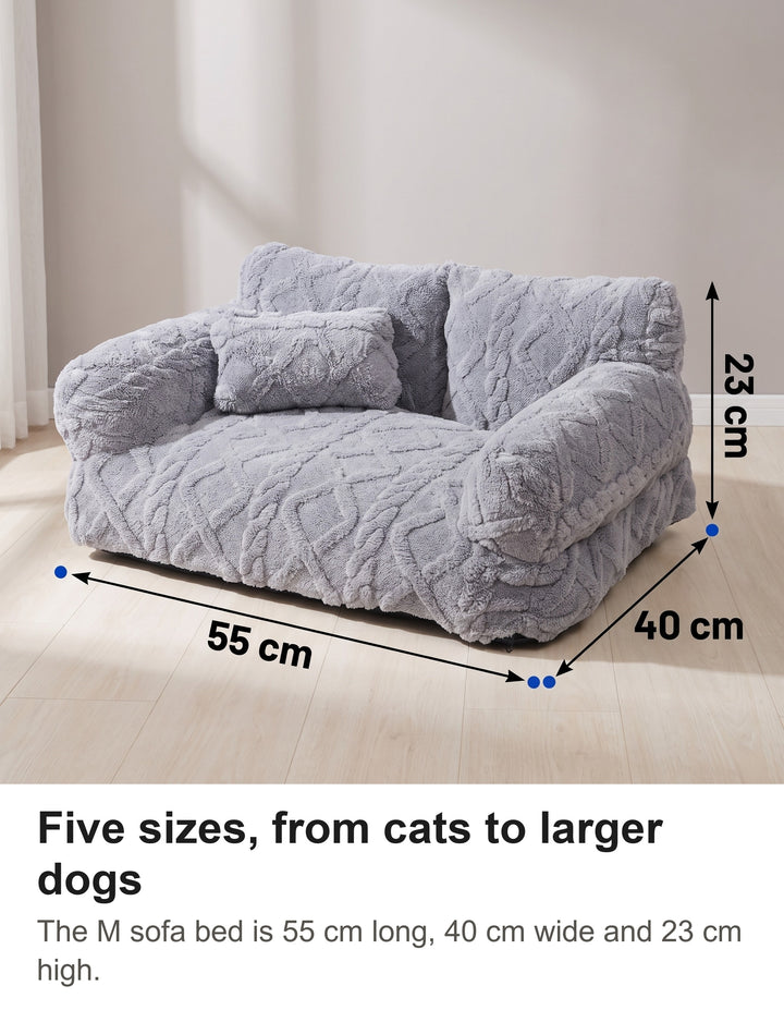 Light grey dog sofa bed in size M with its size marked: 55 cm long, 40 cm wide, 23 cm high