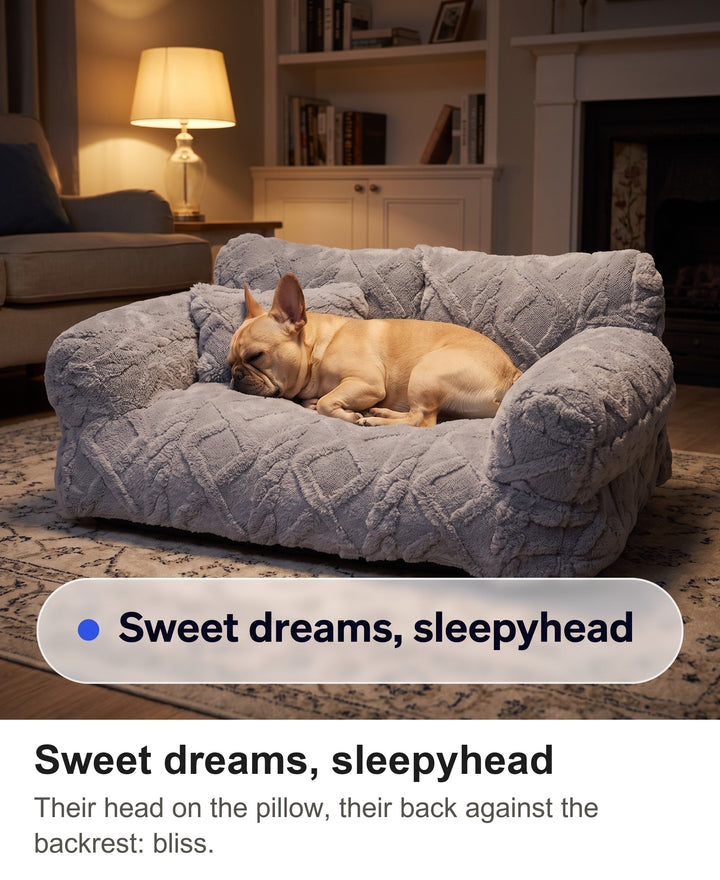French bulldog asleep on the light grey dog sofa bed with its head on the pillow by lamp light