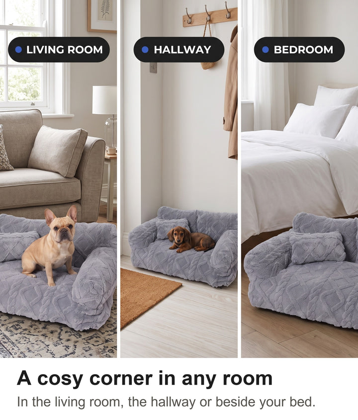 Light grey dog sofa bed in a living room, a hallway and a bedroom