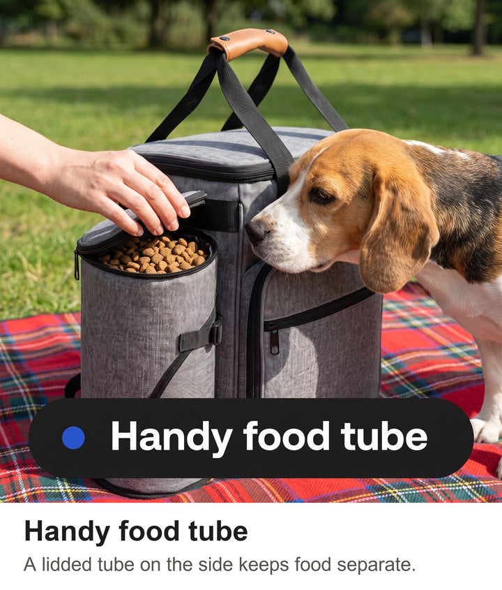 Hand opening the side food tube of the dog food bag with a beagle sniffing the kibble
