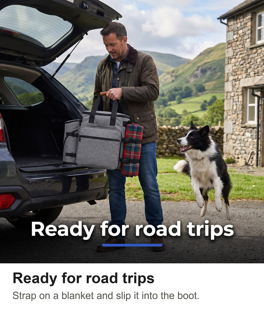 Man lifting the grey pet travel bag from a car boot outside a holiday cottage with his border collie