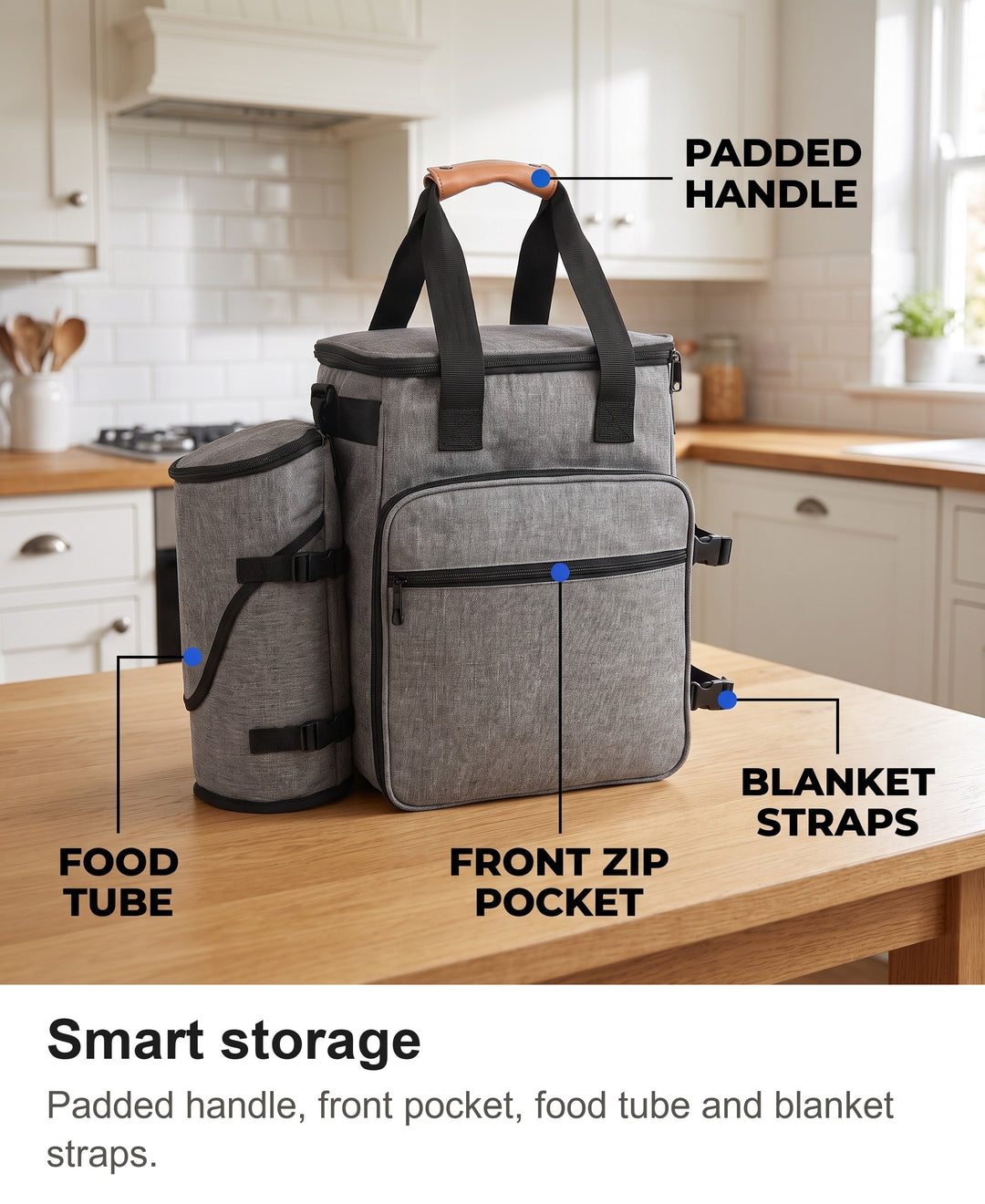 Dog walking bag with padded handle, front zip pocket, food tube and blanket straps labelled