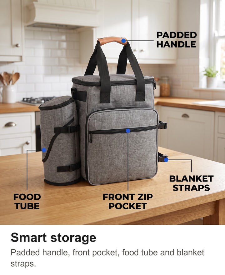 Dog walking bag with padded handle, front zip pocket, food tube and blanket straps labelled