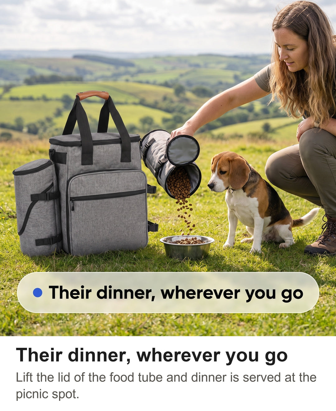 Woman pouring kibble from the side food tube of the dog bag into a bowl for a beagle on a hill