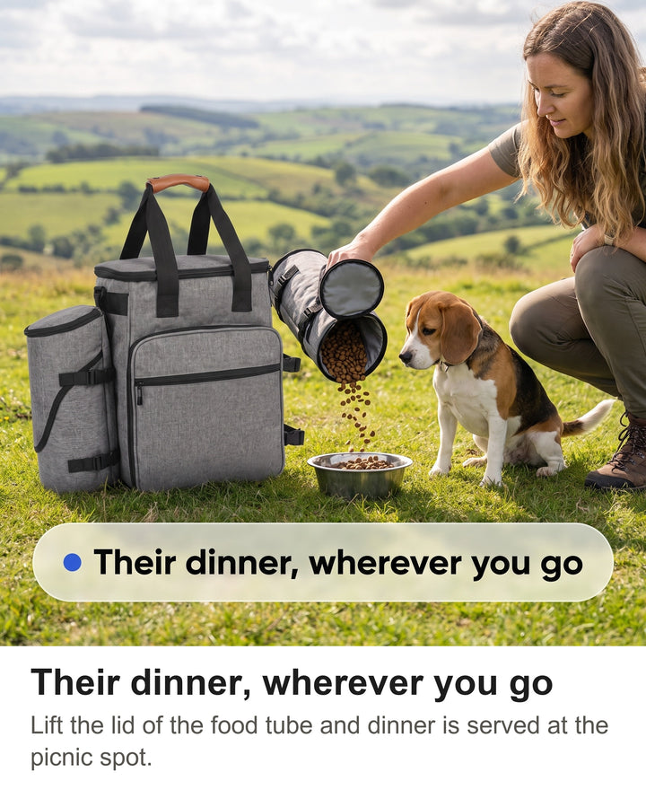 Woman pouring kibble from the side food tube of the dog bag into a bowl for a beagle on a hill