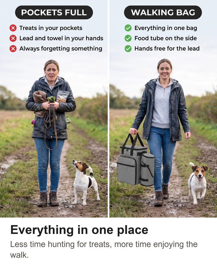 Comparison of a woman with full pockets and the same woman carrying the dog walking bag