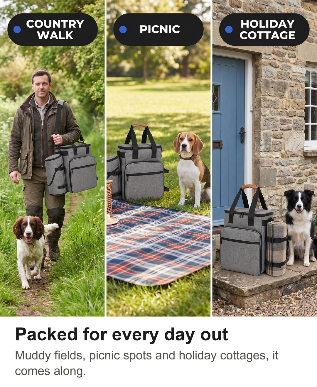 Dog walking bag on a country walk, at a picnic and at a holiday cottage