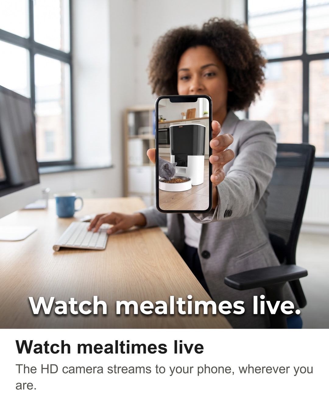 Woman watching her cat eat at the automatic cat feeder with camera on her phone