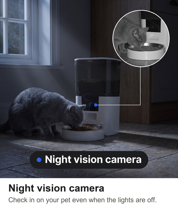 Automatic pet feeder with HD camera, food hopper, anti-jam outlet and stainless steel bowl labelled