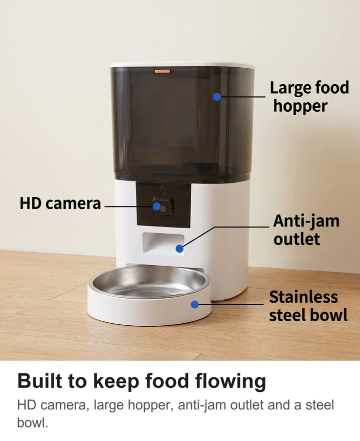 Cat eating from the smart pet feeder at night with a night vision view