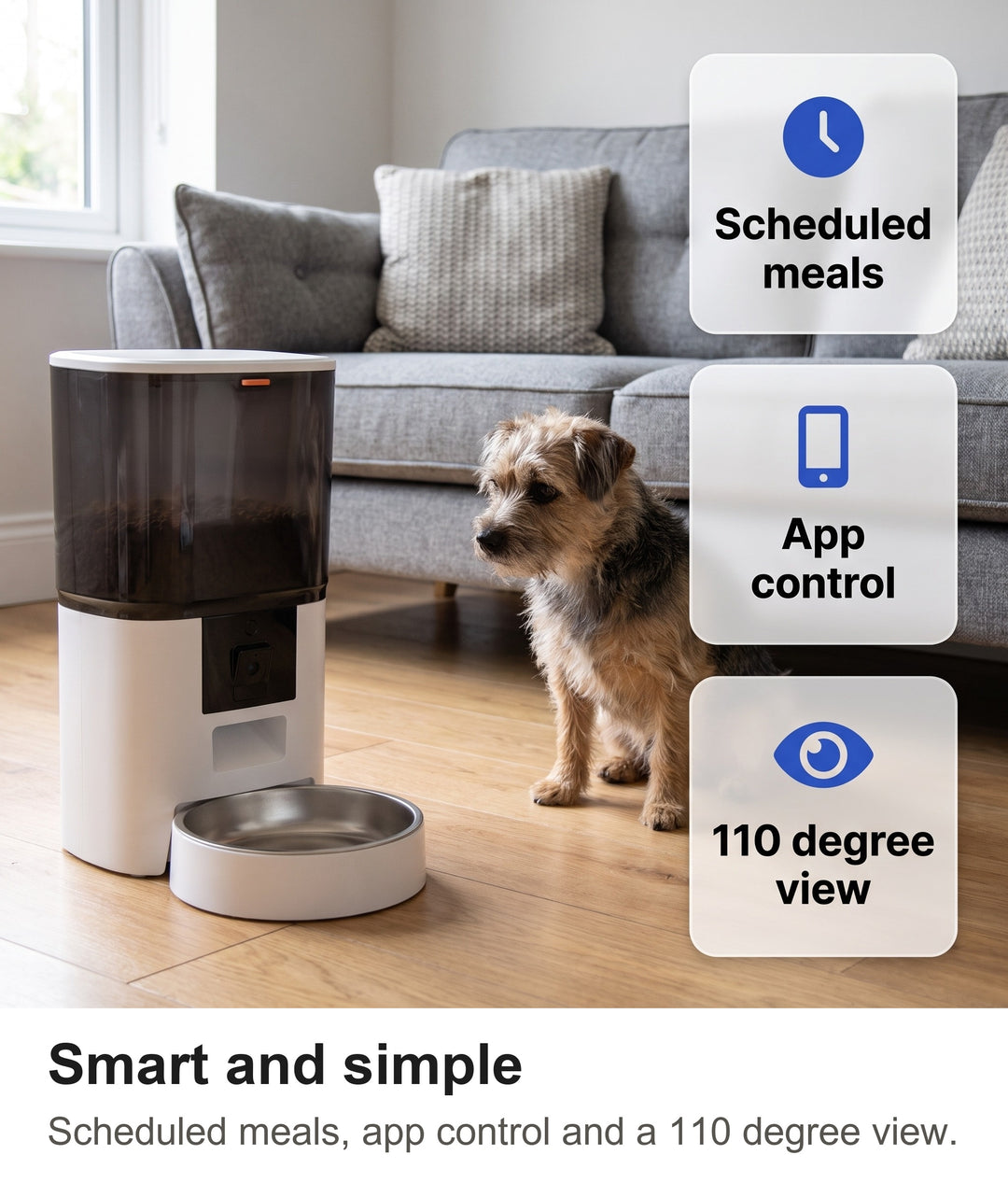 Smart pet feeder with scheduled meals, app control and 110 degree camera view