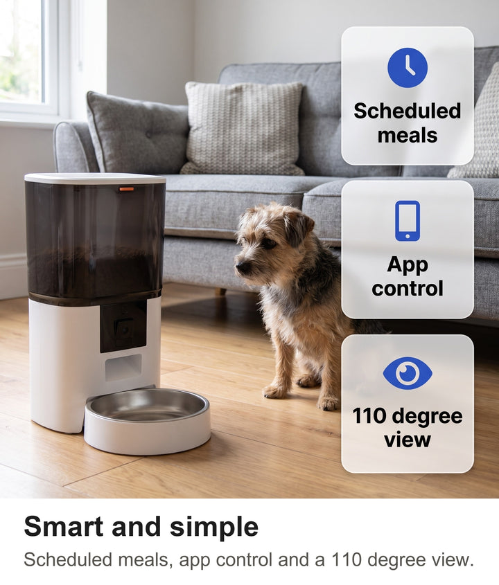 Smart pet feeder with scheduled meals, app control and 110 degree camera view
