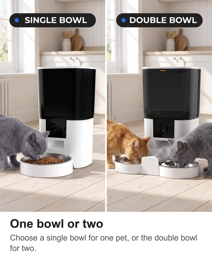 Single bowl and double bowl versions of the camera pet feeder