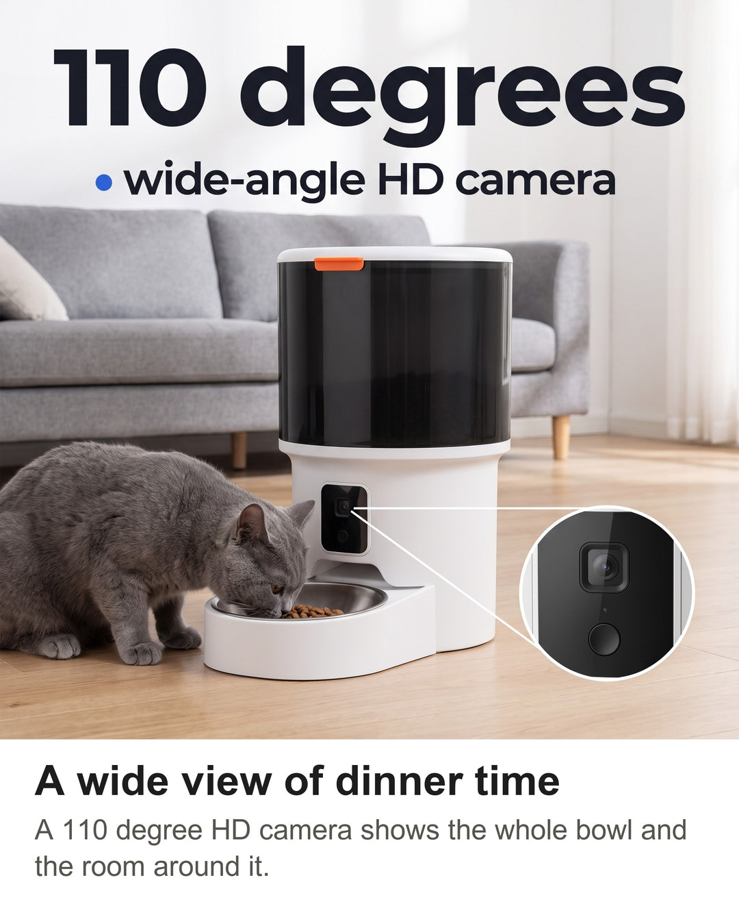 Close-up of the HD camera lens on the pet feeder with a 110 degree wide view