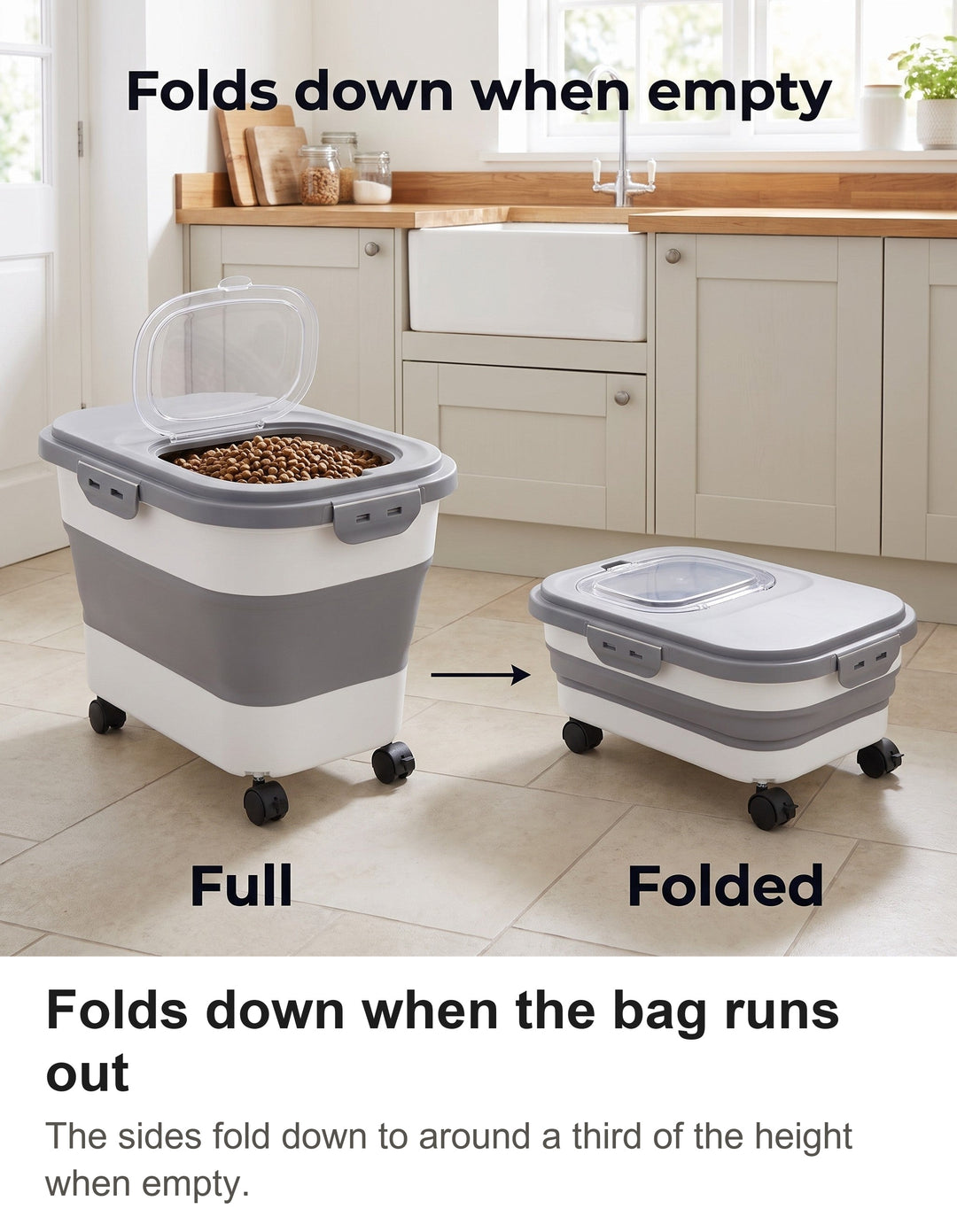 Grey folding dog food container shown full height and folded down flat