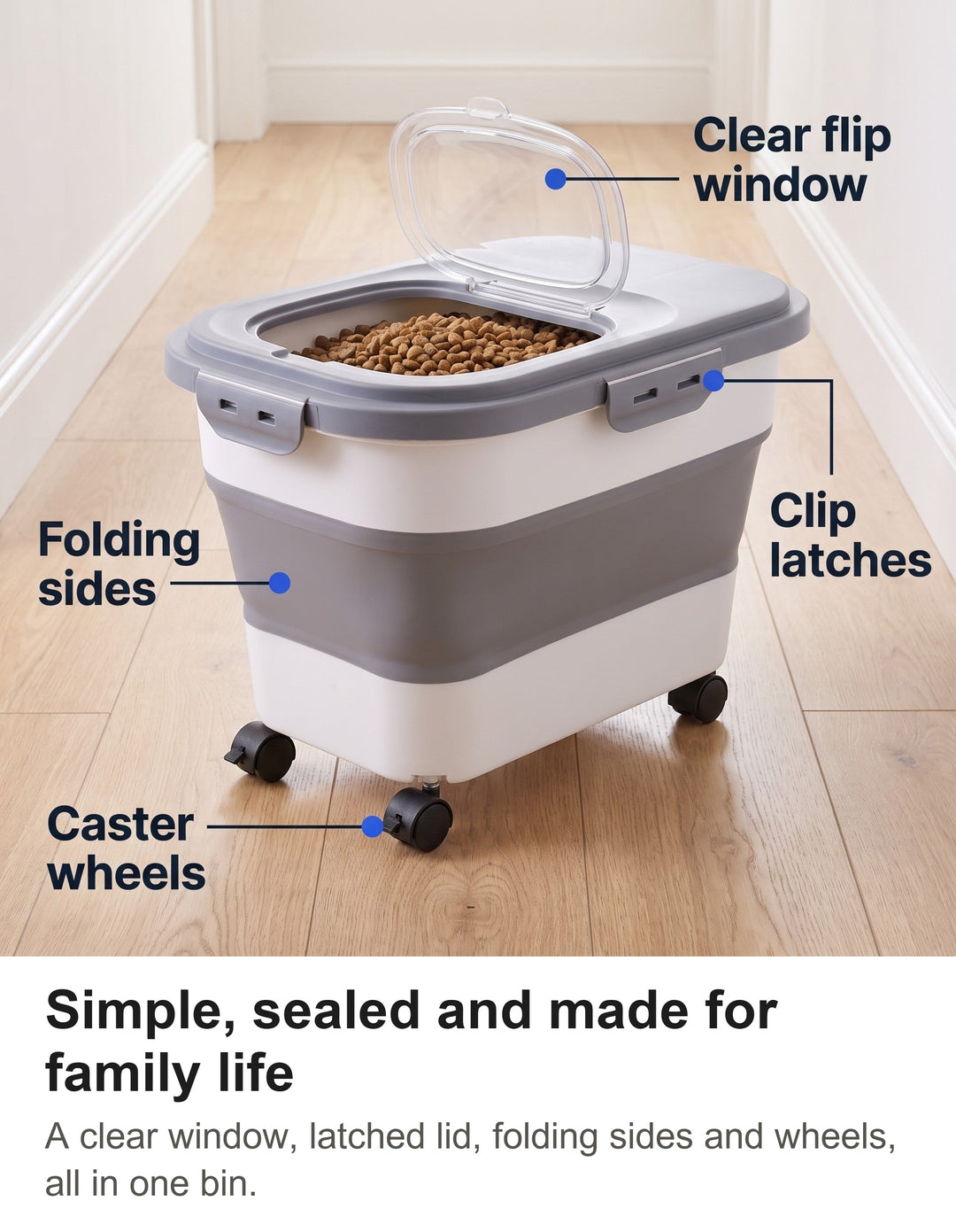 Grey dog food storage container with clear flip window, clip latches, folding sides and wheels labelled