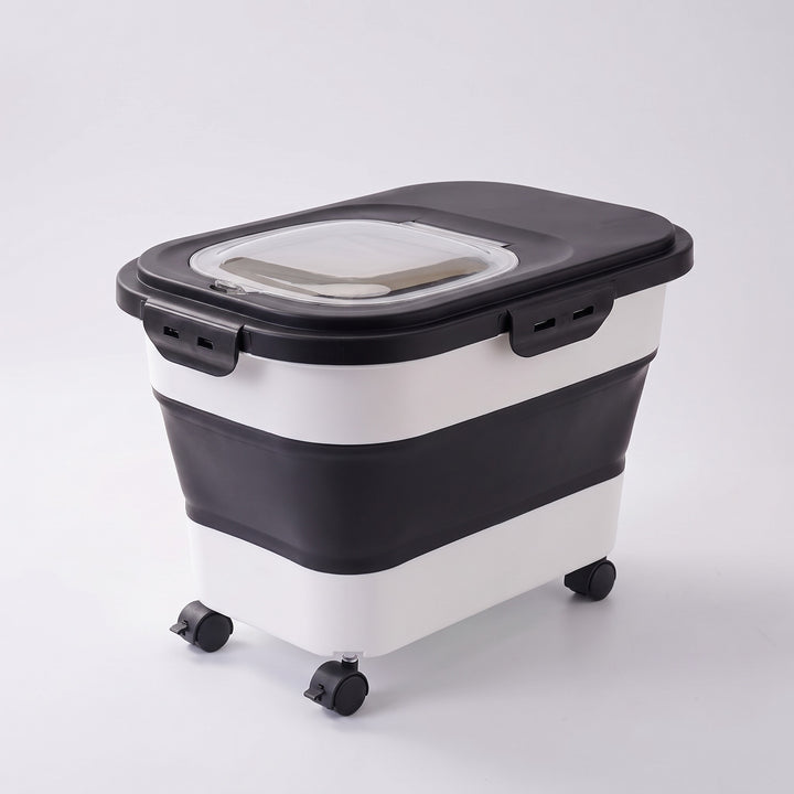 Black folding dog food storage container on wheels with clear flip window