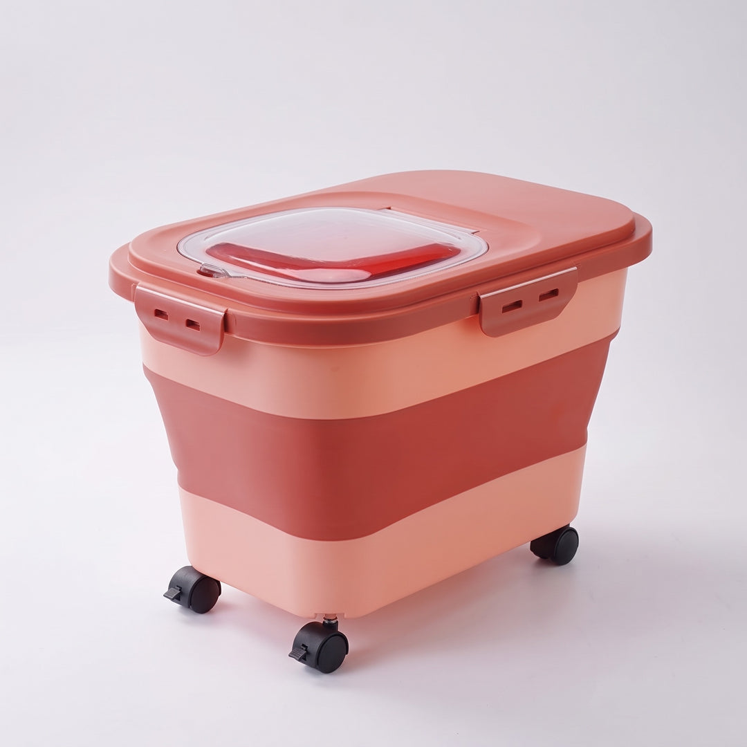 Coral pink folding dog food storage container on wheels with clear flip window