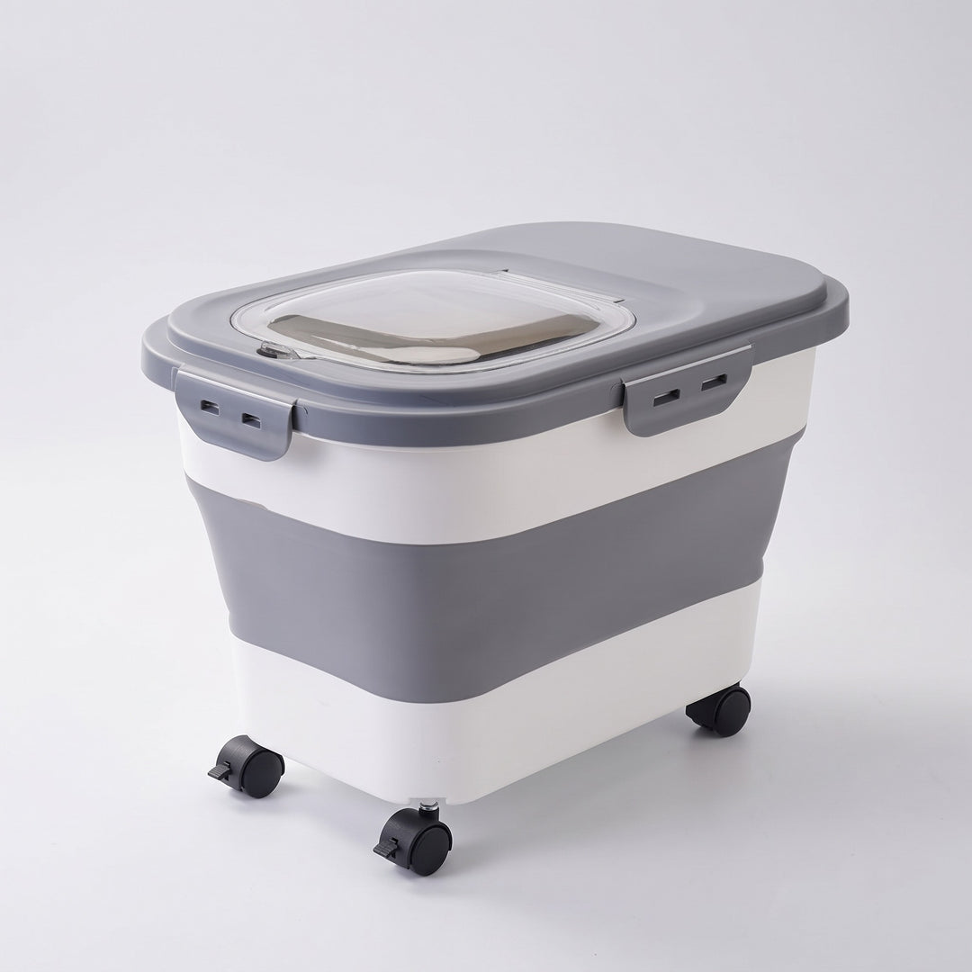 Grey folding dog food storage container on wheels with clear flip window