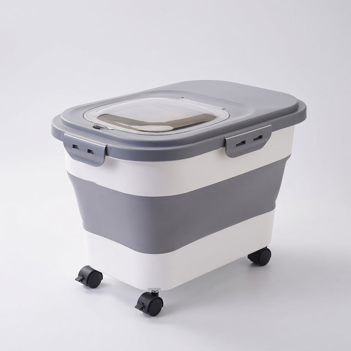 Grey folding dog food storage container on wheels with clear flip window