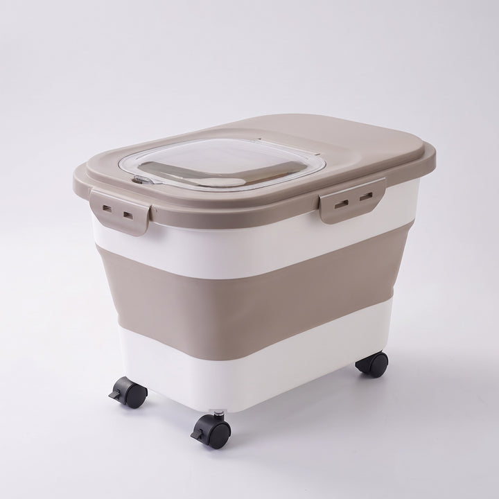 Khaki folding dog food storage container on wheels with clear flip window