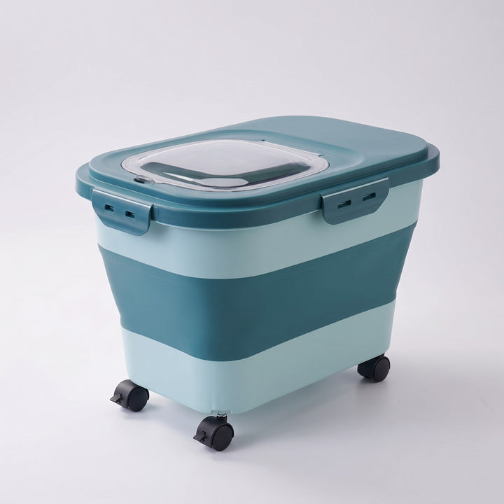 Teal blue folding dog food storage container on wheels with clear flip window