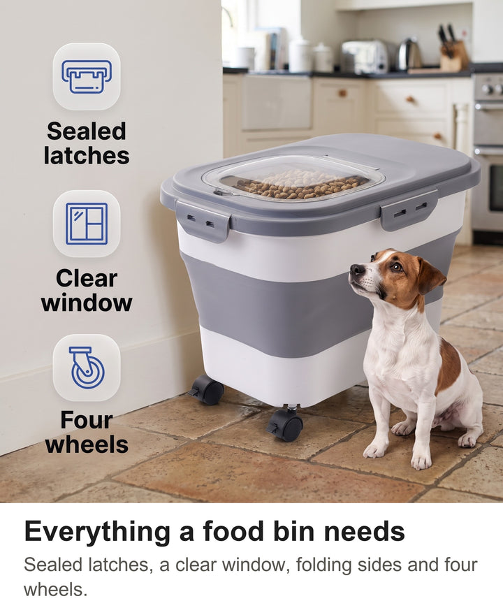 Folding food container with chips: sealed latches, clear window, folding sides, wheels
