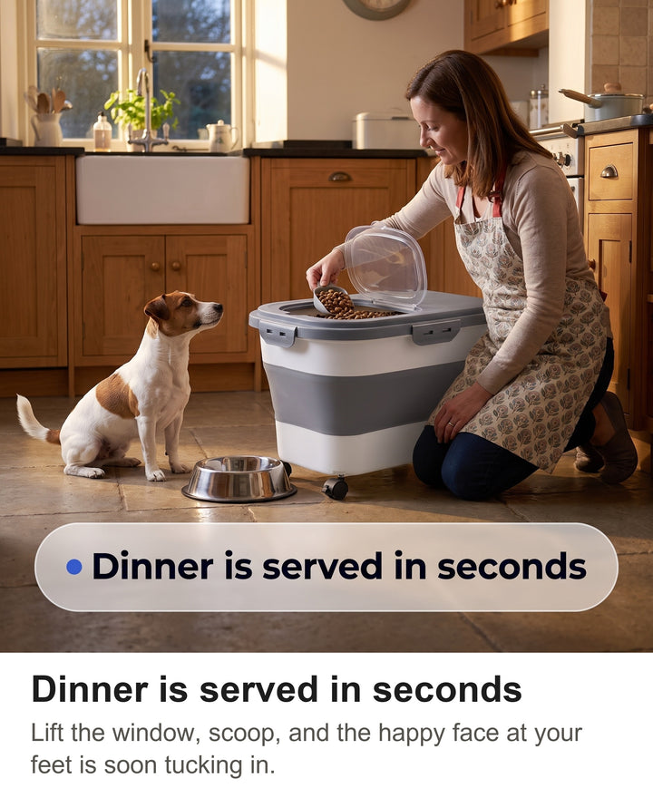 Woman scooping kibble from the food container into a bowl while a Jack Russell waits