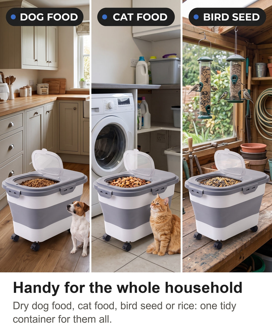 Food container holding dog food, cat food and bird seed