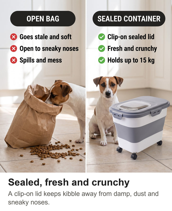 Comparison of an open food bag with the sealed folding food container