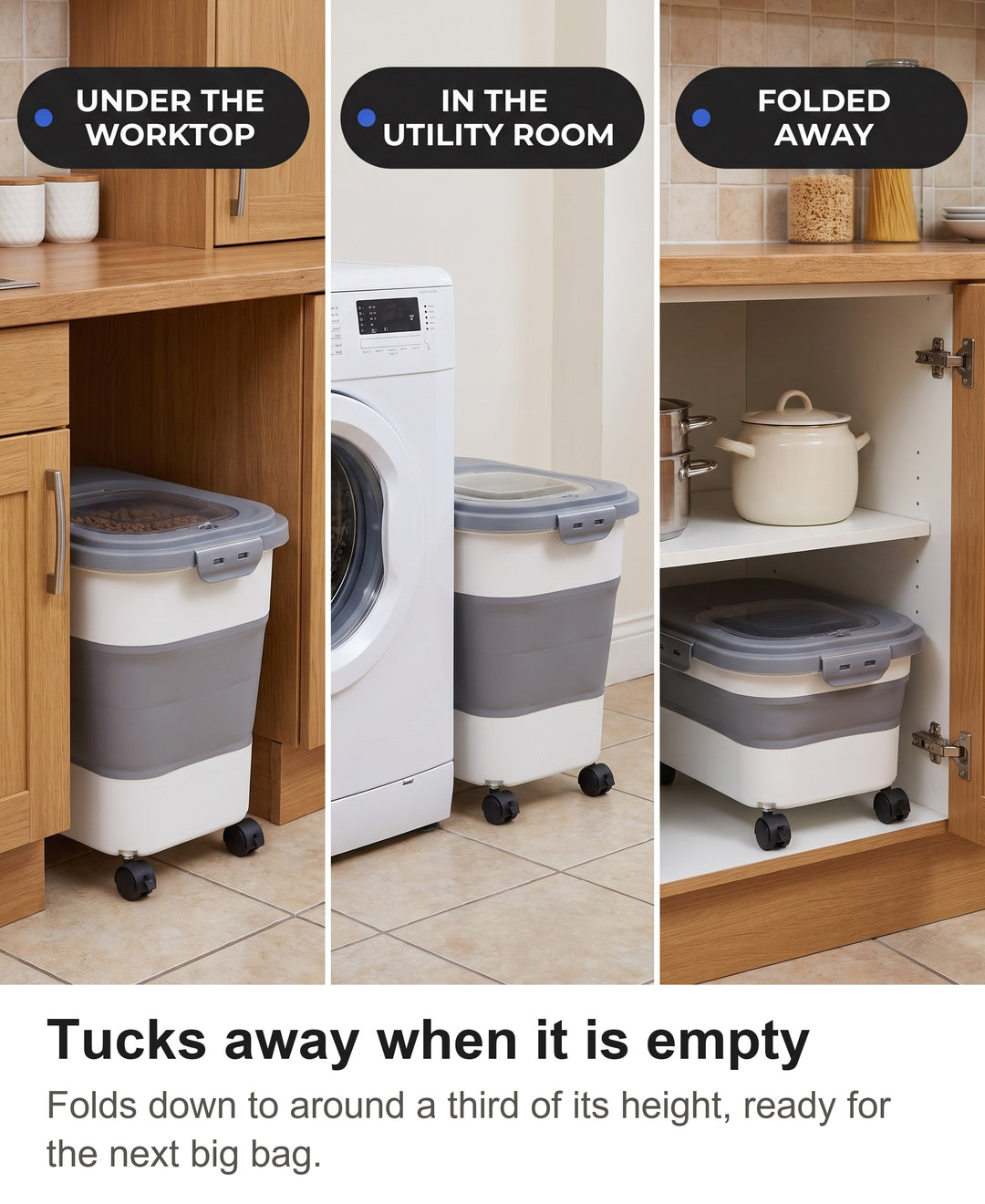 Food container full under a worktop, in a utility room and folded flat in a cupboard