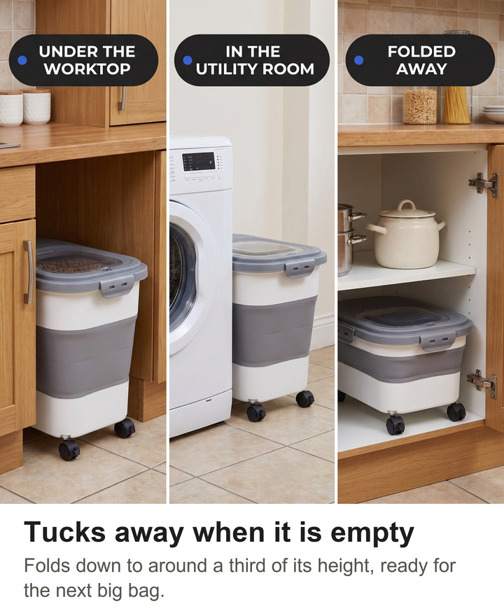 Food container full under a worktop, in a utility room and folded flat in a cupboard