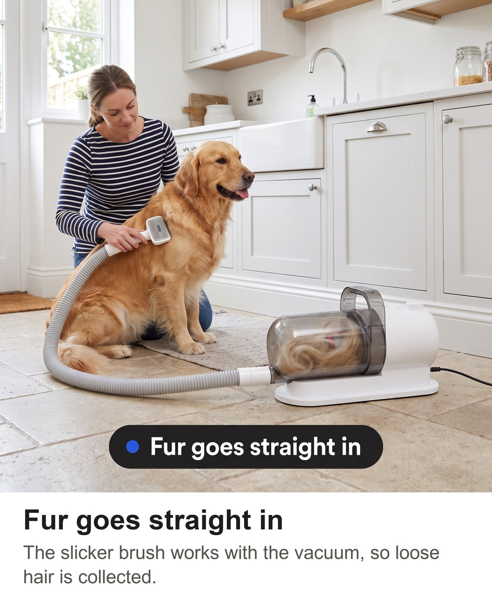 Woman brushing a golden retriever with the pet hair vacuum, fur collecting in the clear dust cup