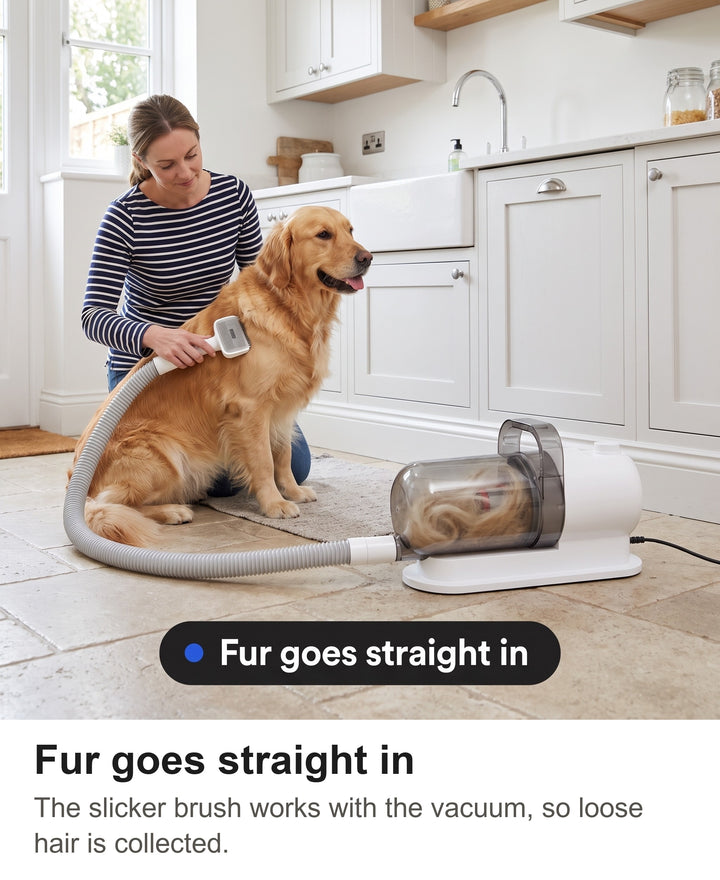 Woman brushing a golden retriever with the pet hair vacuum, fur collecting in the clear dust cup