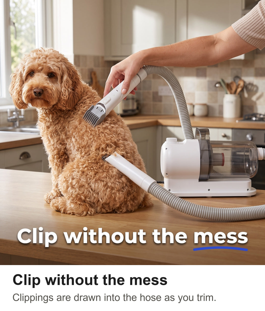 Hand clipping a cockapoo with the dog clippers connected to the vacuum hose