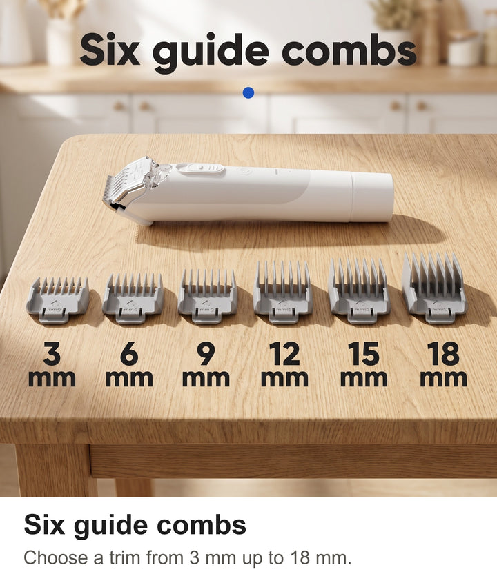 Six clipper guide combs from 3 mm to 18 mm with the electric dog clipper