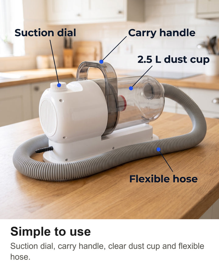 Pet grooming vacuum with suction dial, carry handle, 2.5 L dust cup and flexible hose labelled