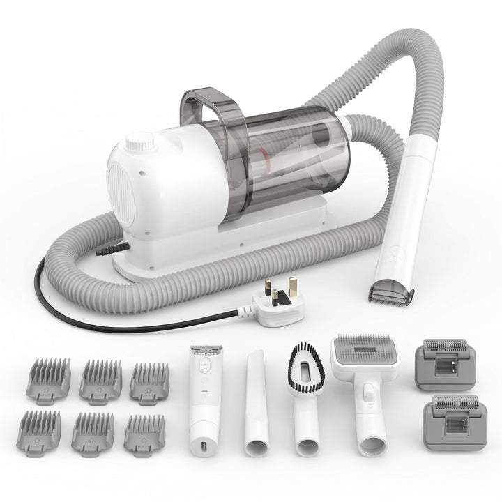 Dog grooming vacuum kit with clipper, guide combs, brushes and UK three-pin plug