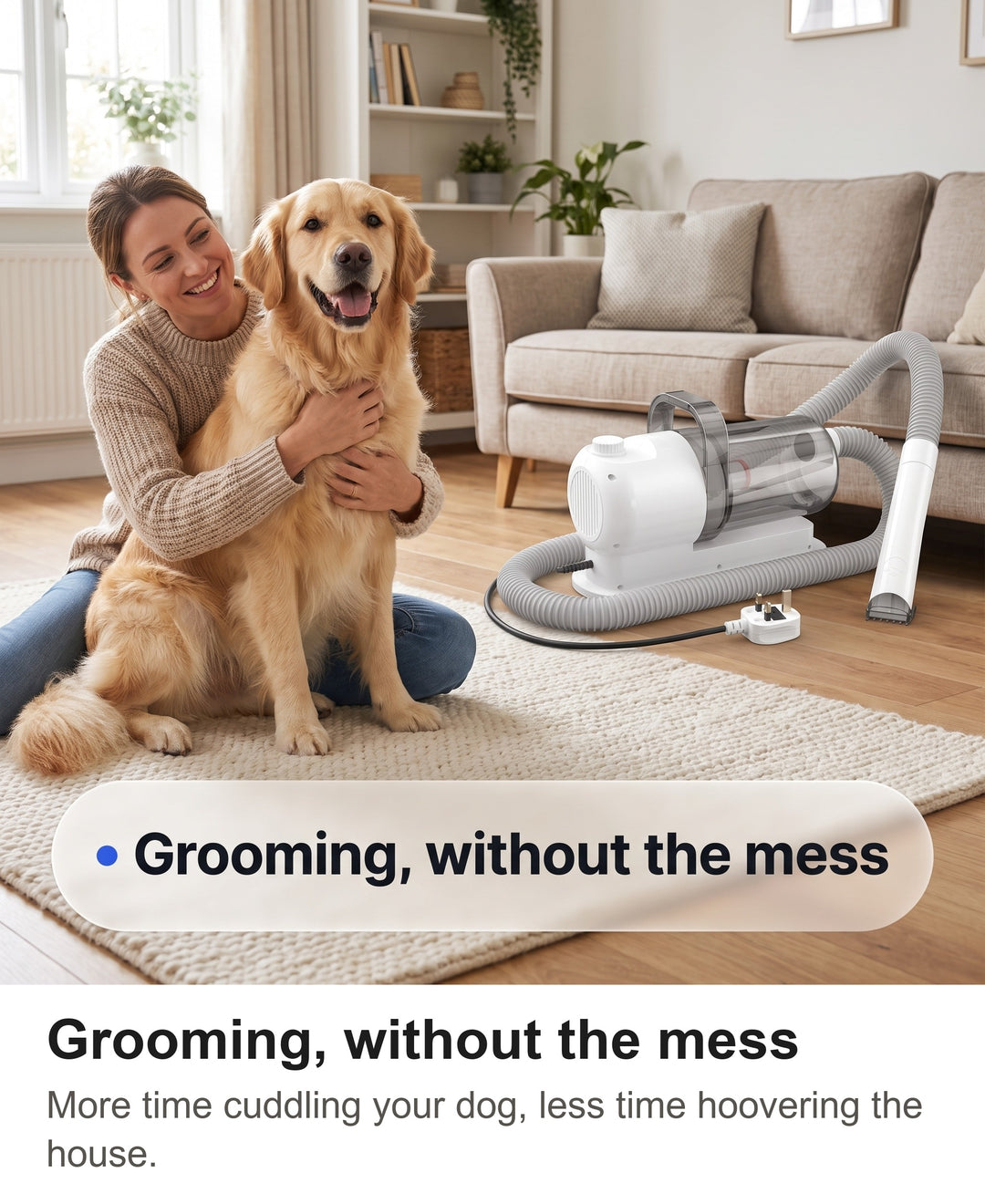 Woman hugging a clean fluffy golden retriever after grooming in a tidy living room