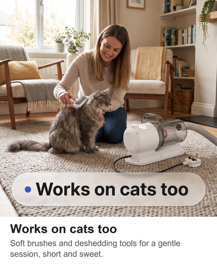 Woman gently brushing a fluffy cat with the grooming vacuum brush