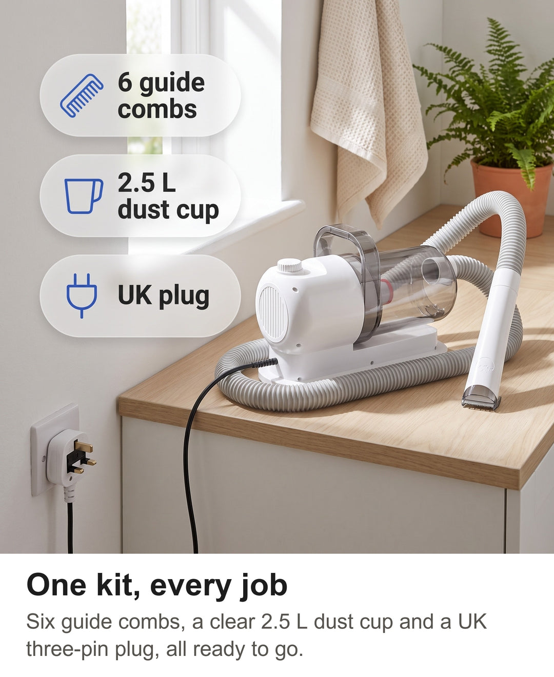 Grooming vacuum with chips: six guide combs, 2.5 litre dust cup, UK plug