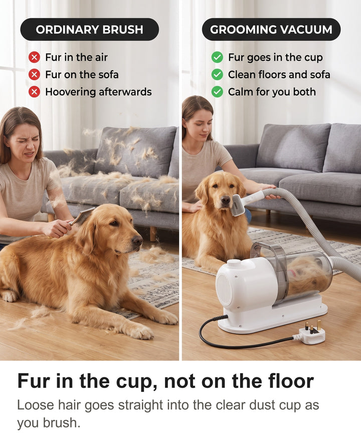 Comparison of grooming with fur flying everywhere and grooming with the vacuum collecting the fur