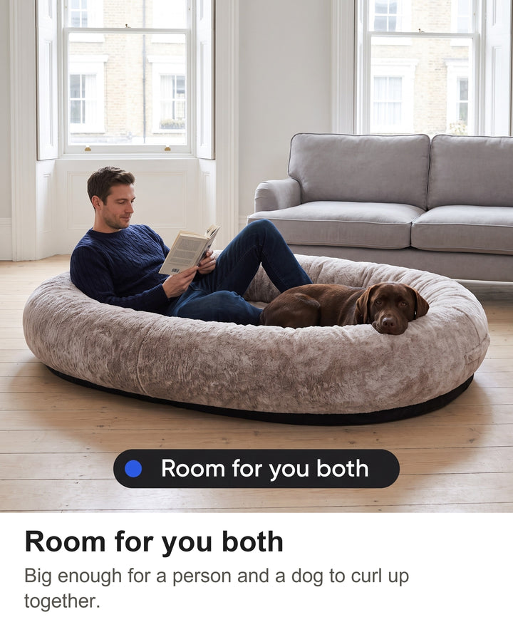 Man reading a book with his Labrador inside the giant human dog bed in a bright living room