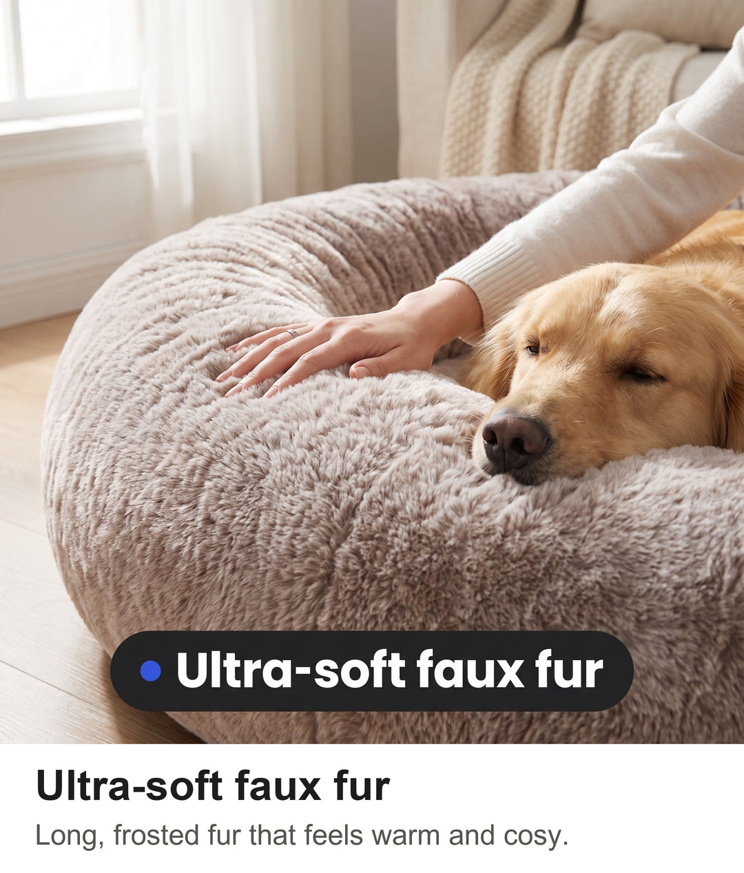 Hand stroking the soft faux fur rim of the human dog bed with a golden retriever resting on it